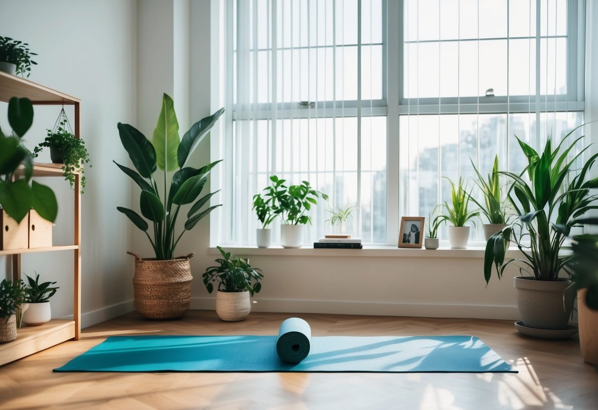 A serene office space with a yoga mat, plants, and natural light streaming in through the window