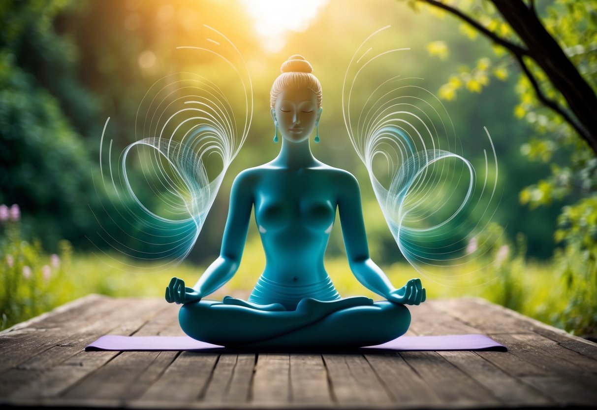 A serene figure sits in lotus position, surrounded by nature. Deep breaths are emphasized, symbolized by swirling lines and expanding shapes