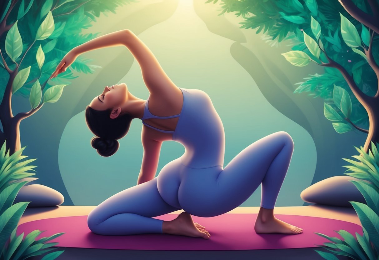 A serene figure in a yoga pose, back arched and stretched, surrounded by calming nature