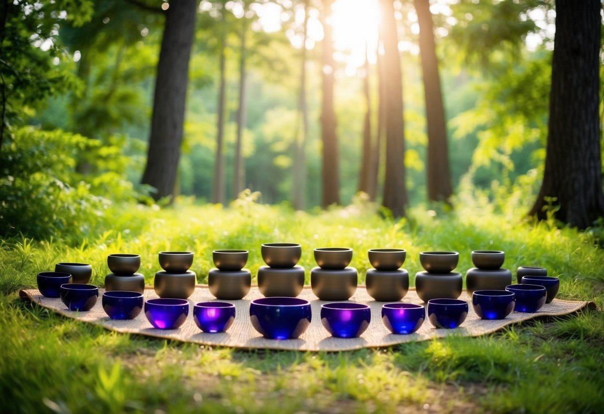 A serene forest clearing with crystal singing bowls arranged in a circle, surrounded by lush greenery and soft sunlight filtering through the trees