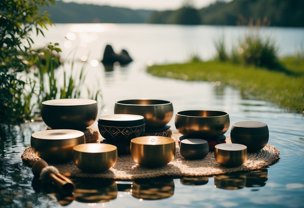 A serene scene of a sound bath with various instruments, such as singing bowls and gongs, surrounded by calming elements like water and nature