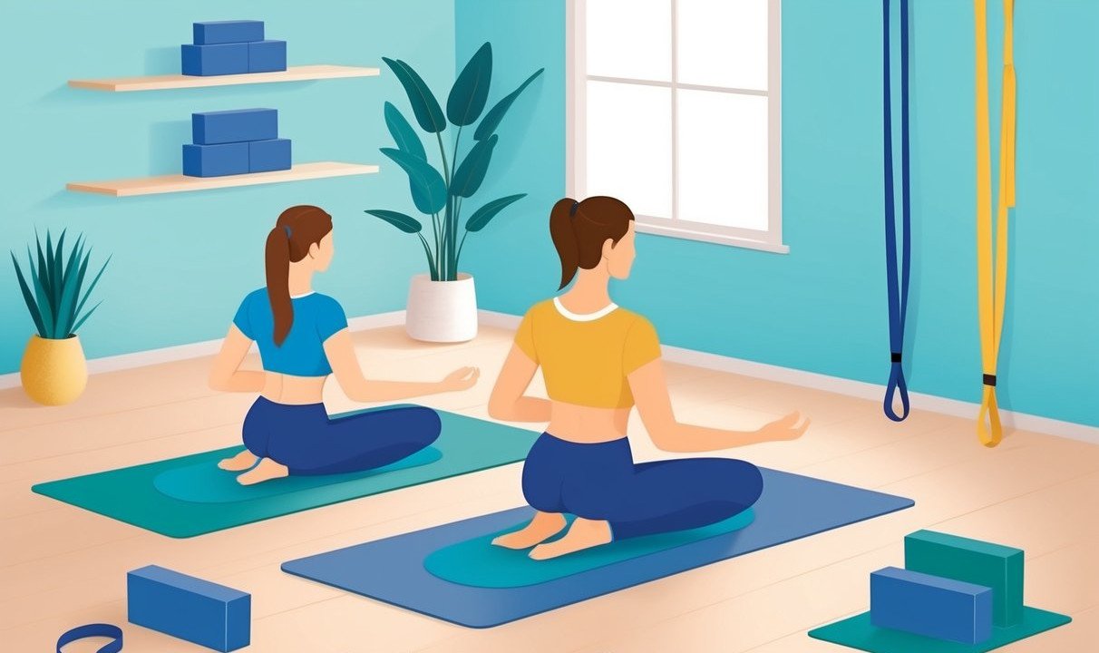 A serene yoga studio with props like blocks and straps, a calming color palette, and a focus on gentle, supportive poses for back pain relief