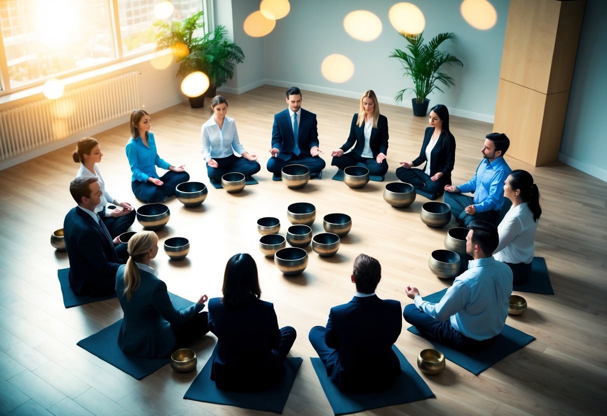 A group of office workers sit in a circle surrounded by singing bowls and gongs, as soothing sounds fill the room, creating a calming and meditative atmosphere