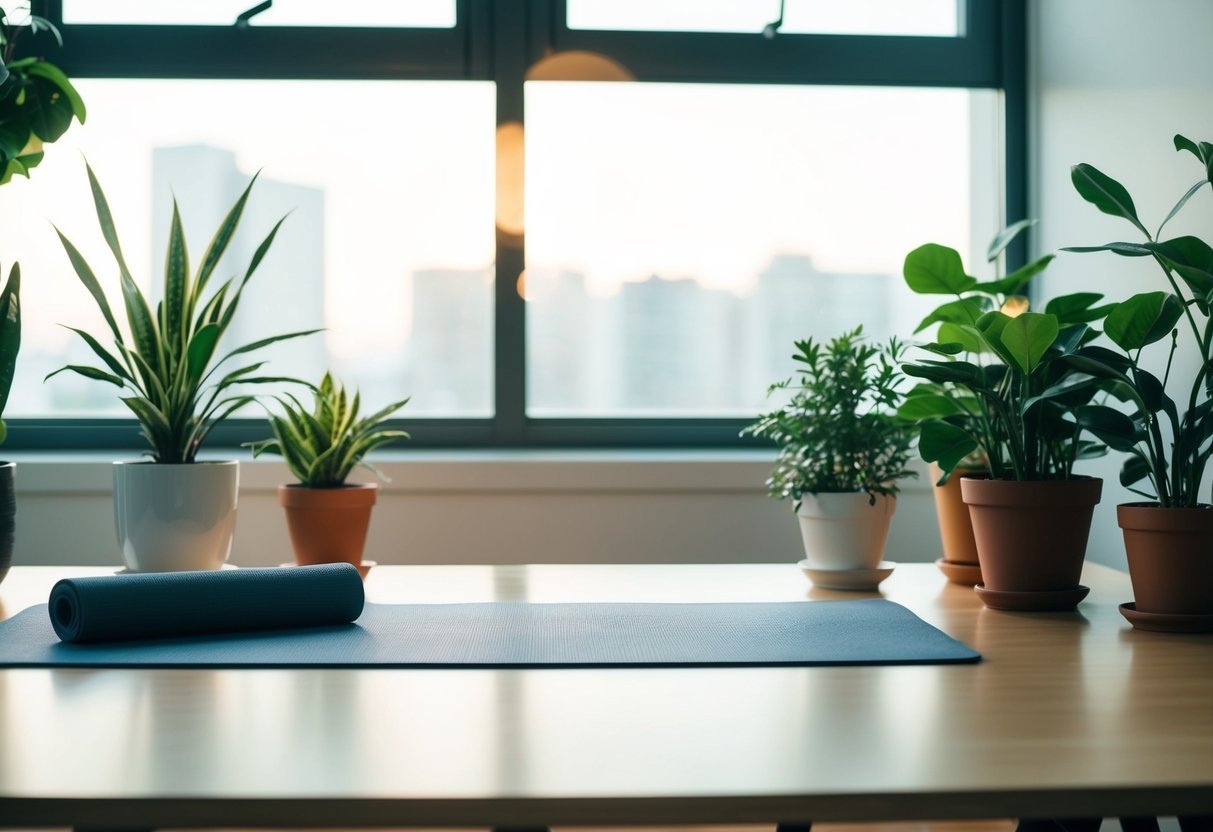 A serene office space with a yoga mat and potted plants, natural light streaming in through the window, creating a calming atmosphere for focus and relaxation