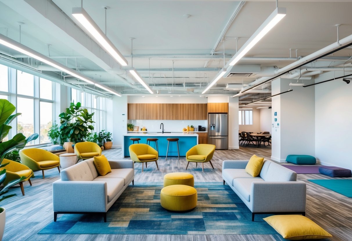 A bright and open office space with comfortable seating areas, plants, and natural light. A communal kitchen with healthy snacks and a designated relaxation area with yoga mats and meditation cushions