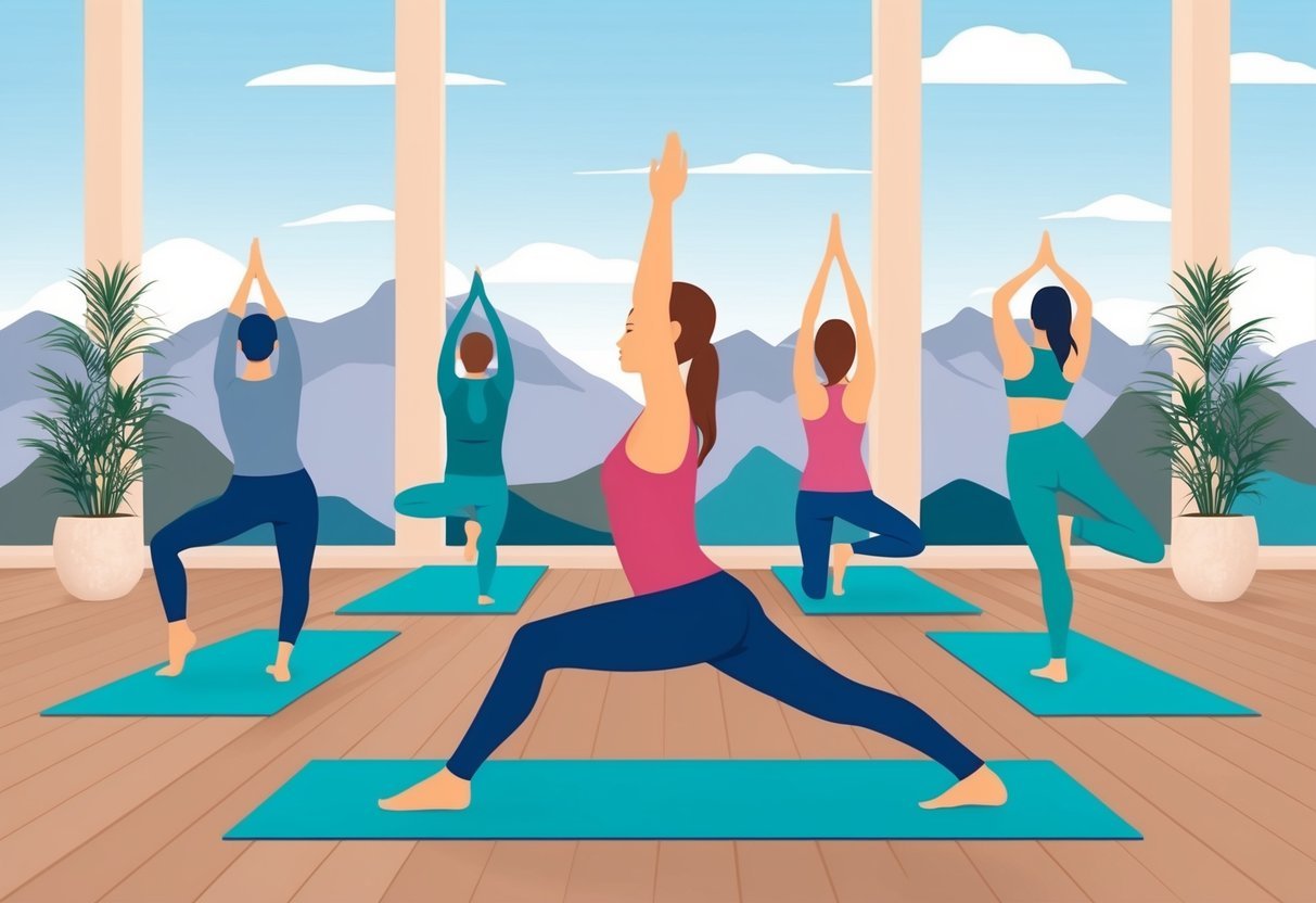 A serene yoga studio with a backdrop of mountains, featuring a variety of yoga poses focused on back pain relief