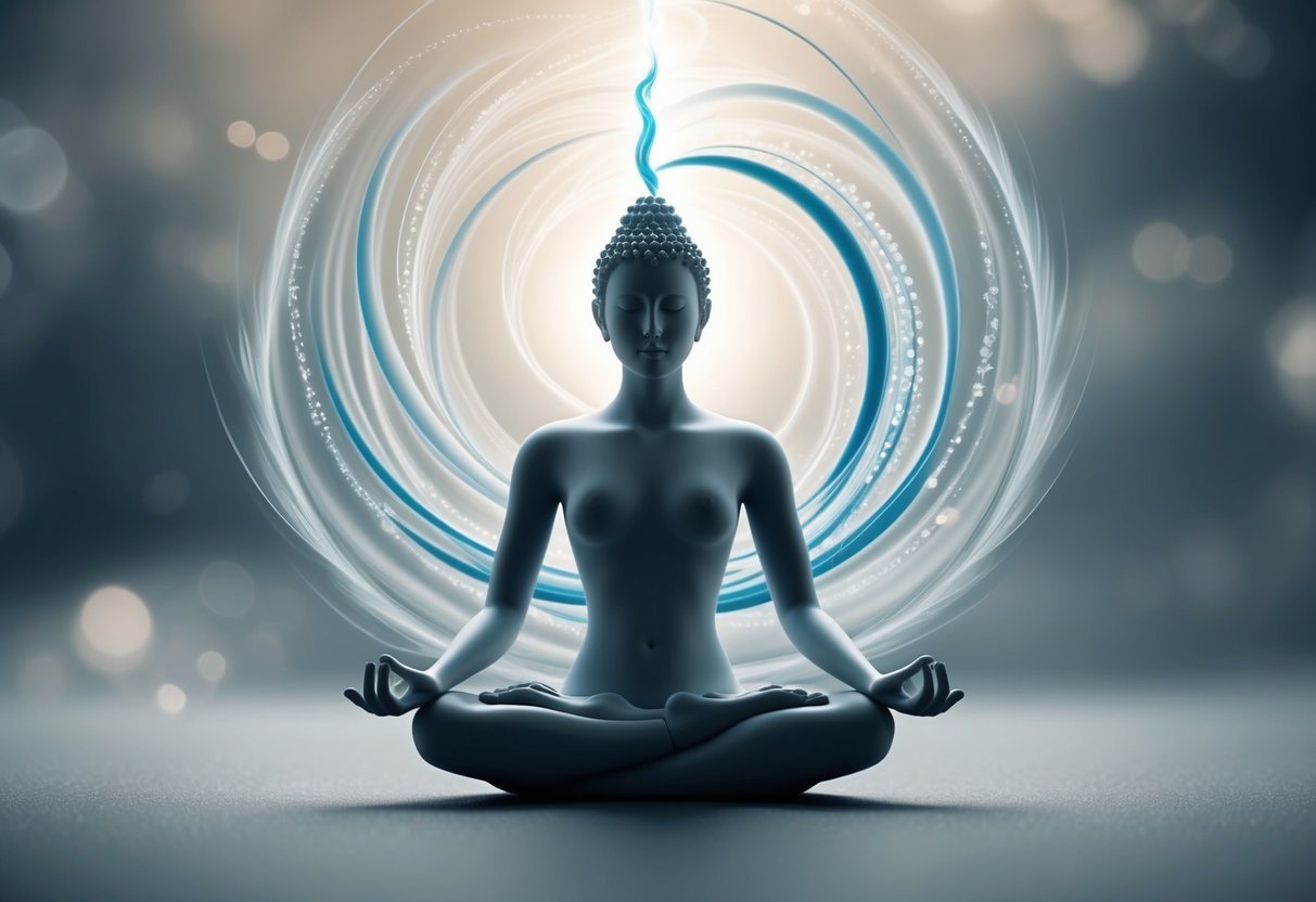 A serene figure sits in lotus position, surrounded by swirling patterns of air. The breath is depicted as a vital force, flowing through the body and connecting with the universe