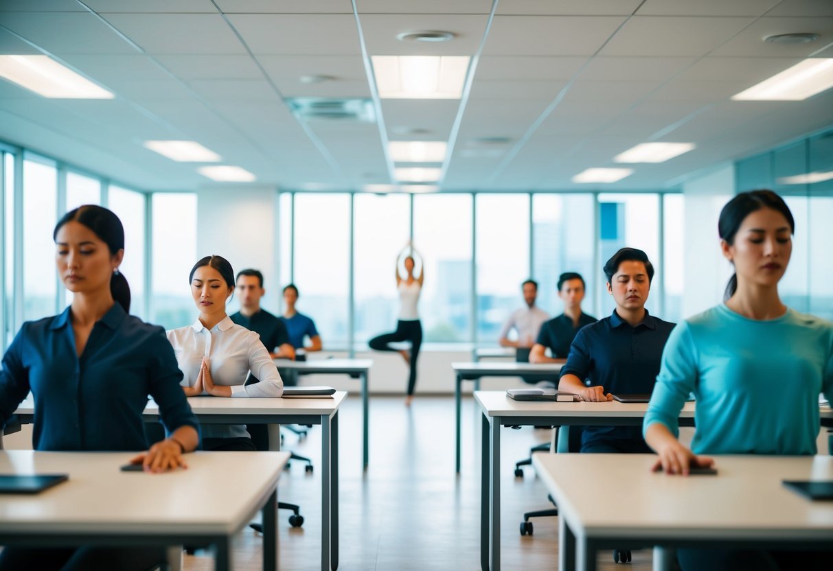 A serene, open office space with employees practicing yoga poses at their desks. Calm, focused expressions on their faces as they breathe deeply