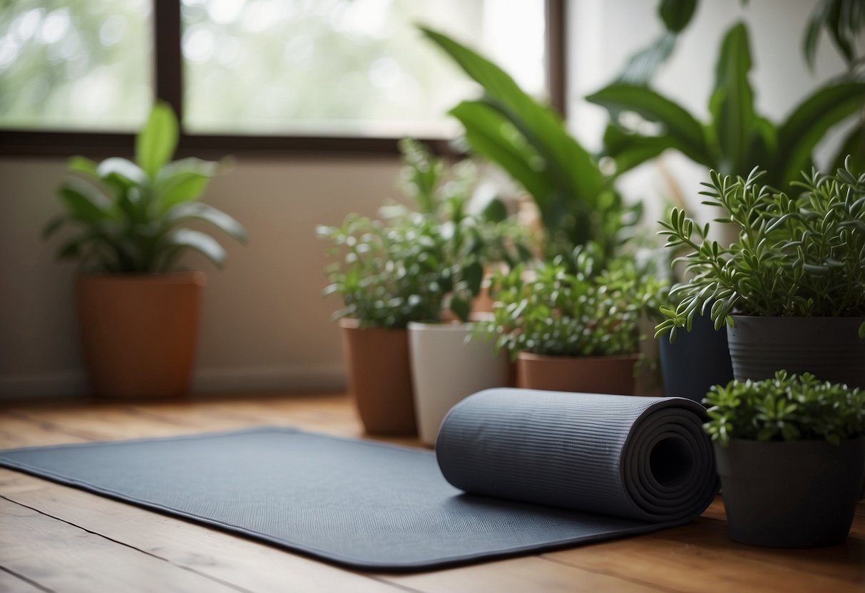 A cozy corner with natural light, a yoga mat, plants, and calming decor. A serene atmosphere with minimal distractions for a peaceful yoga practice