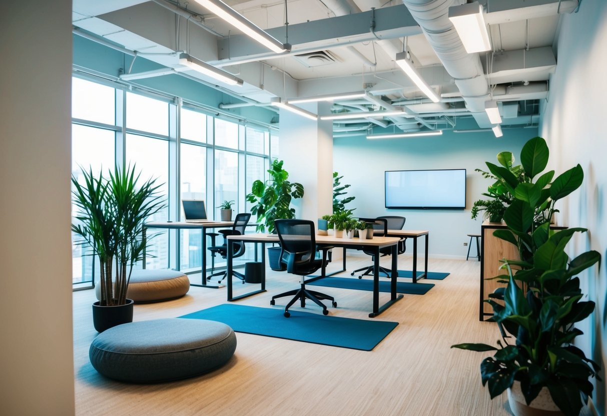 An office space with natural light, plants, standing desks, and a designated wellness area with yoga mats and meditation cushions