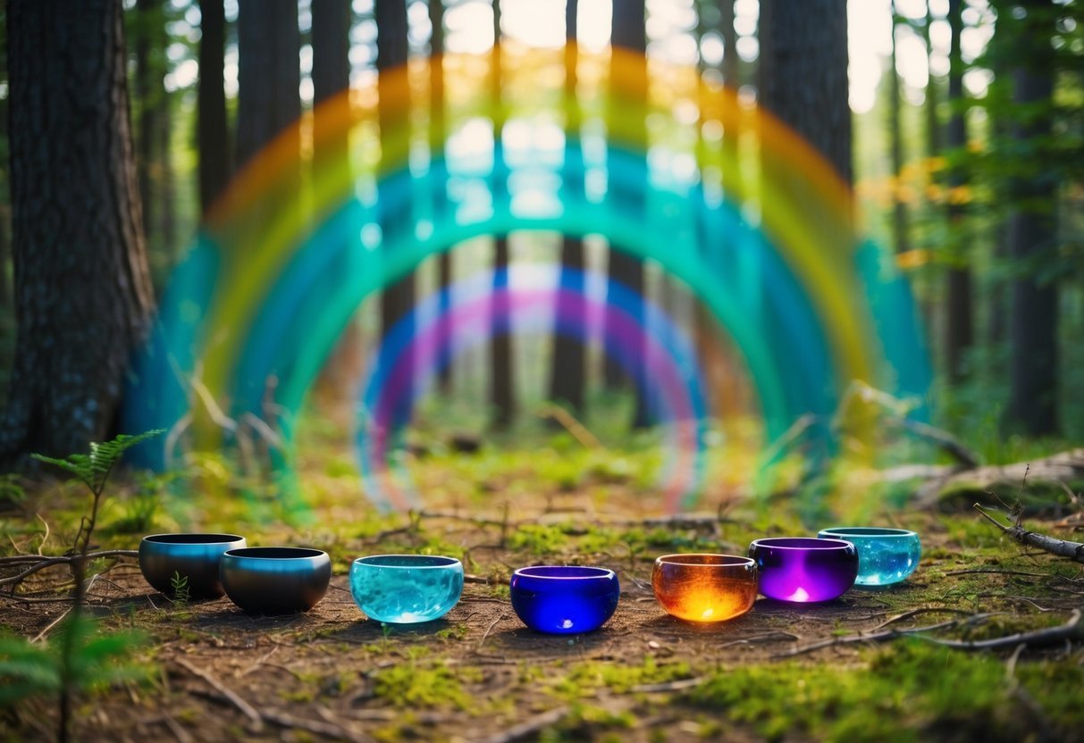 A serene forest clearing with a circle of crystal singing bowls emitting vibrant, colorful sound waves that envelop the surrounding trees and wildlife