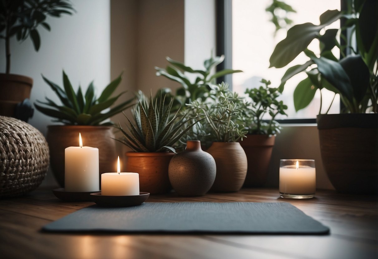 A serene room with soft lighting, a yoga mat, and a few calming decorations like plants and candles