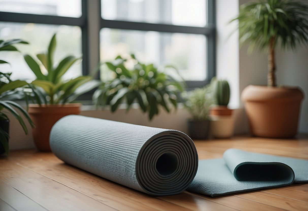 A serene room with a yoga mat, blocks, and a bolster. Soft lighting and plants create a calming atmosphere